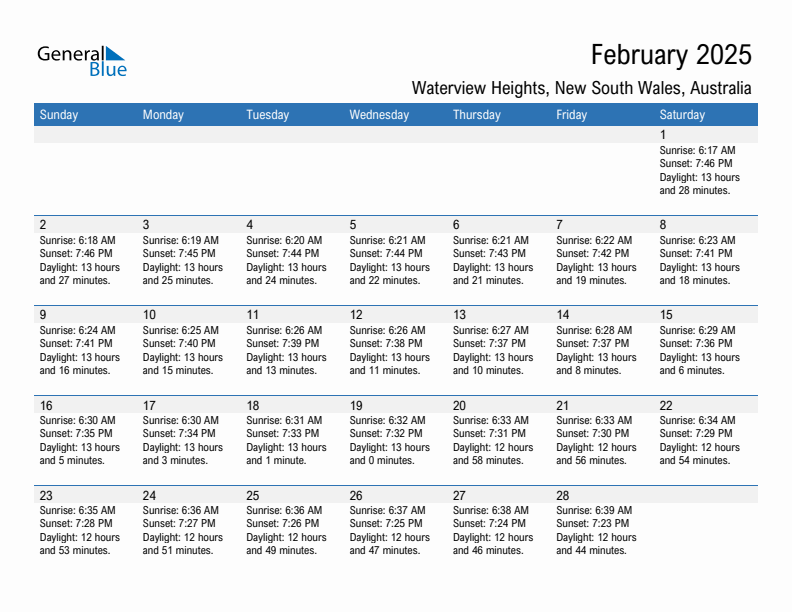 Waterview Heights February 2025 sunrise and sunset calendar in PDF, Excel, and Word