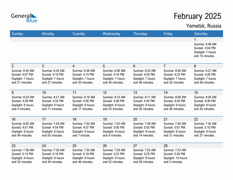 Yemetsk February 2025 sunrise and sunset calendar in PDF, Excel, and Word