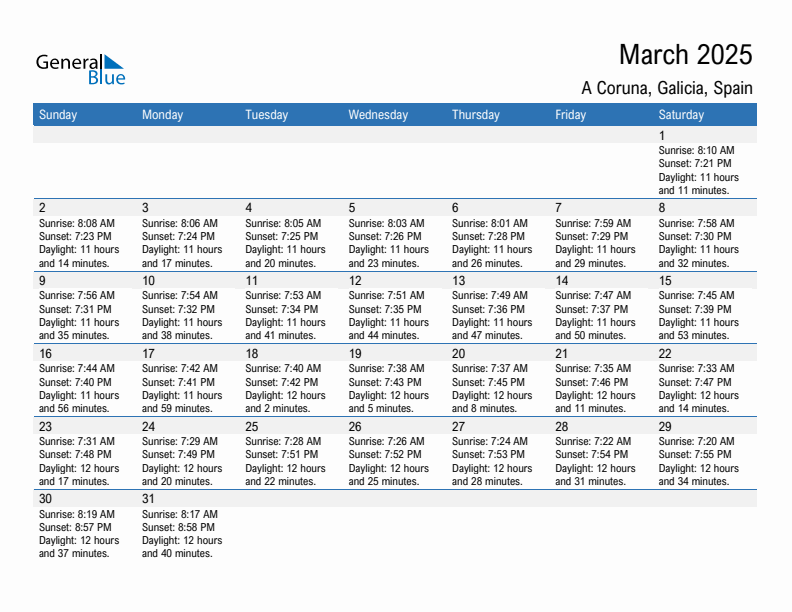 A Coruna March 2025 sunrise and sunset calendar in PDF, Excel, and Word