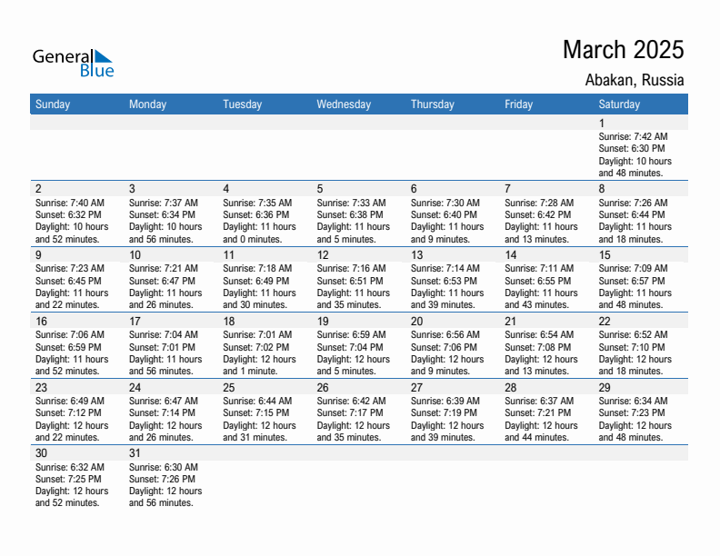 Abakan March 2025 sunrise and sunset calendar in PDF, Excel, and Word