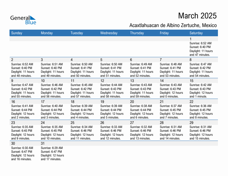 Acaxtlahuacan de Albino Zertuche March 2025 sunrise and sunset calendar in PDF, Excel, and Word