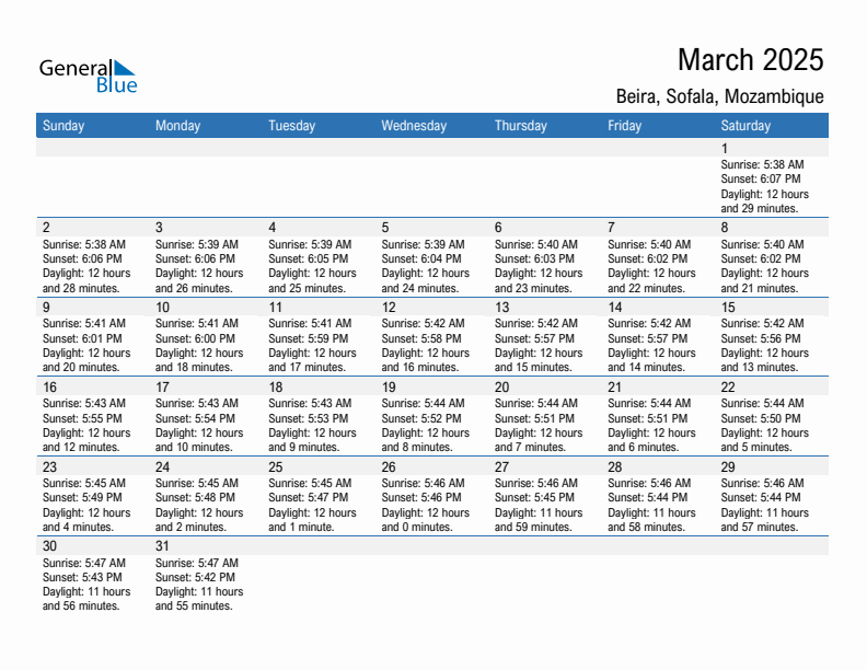 Beira March 2025 sunrise and sunset calendar in PDF, Excel, and Word