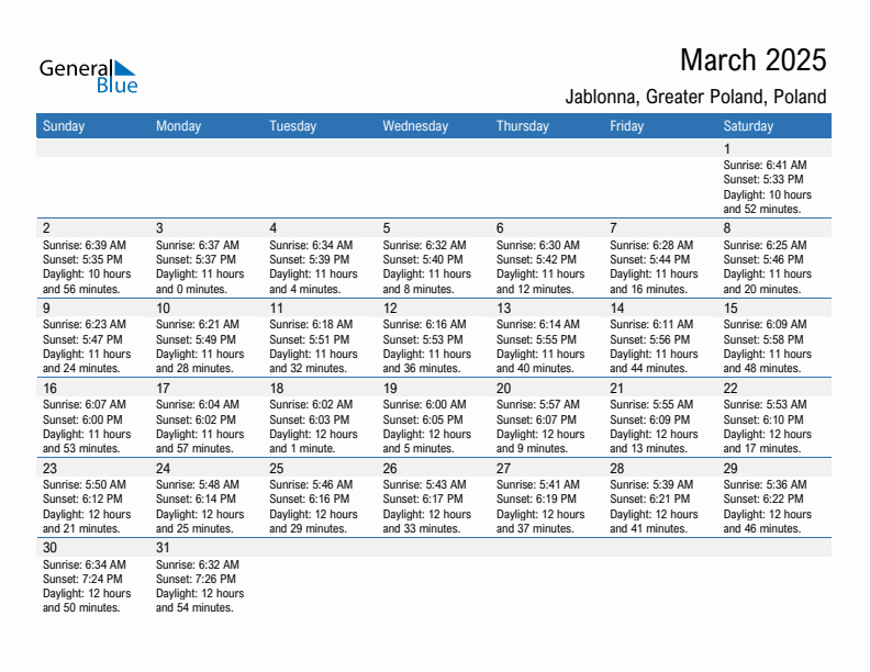 Jablonna March 2025 sunrise and sunset calendar in PDF, Excel, and Word