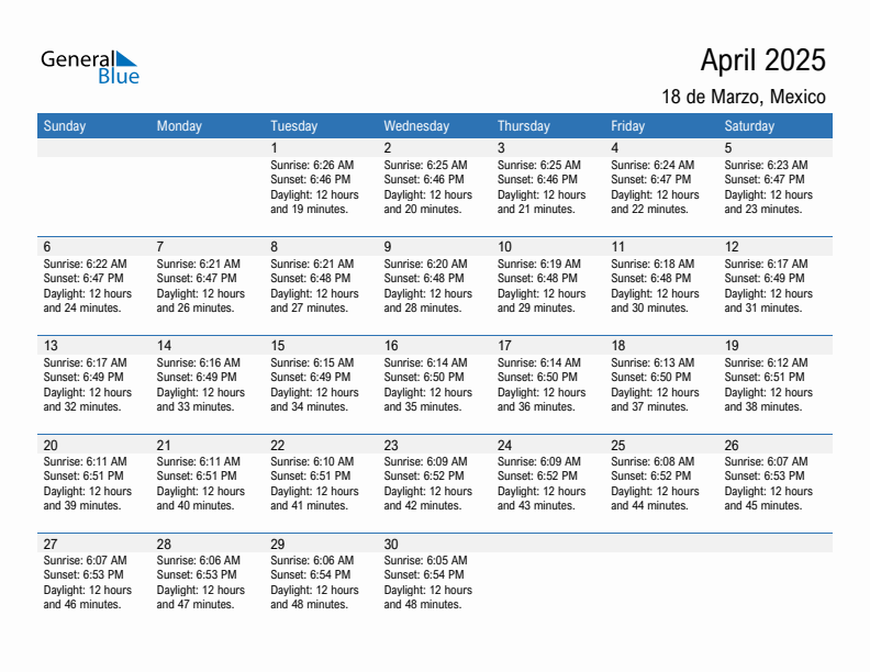 18 de Marzo April 2025 sunrise and sunset calendar in PDF, Excel, and Word