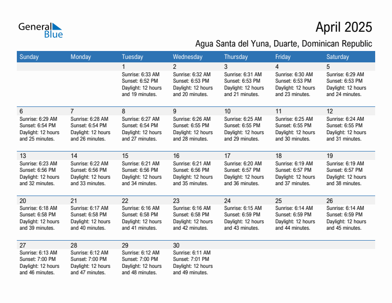 Agua Santa del Yuna April 2025 sunrise and sunset calendar in PDF, Excel, and Word