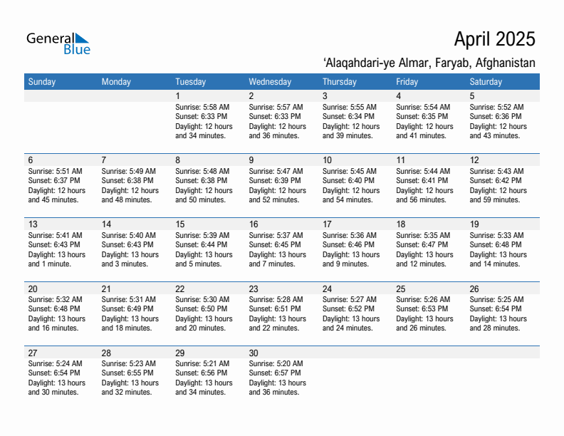 'Alaqahdari-ye Almar April 2025 sunrise and sunset calendar in PDF, Excel, and Word