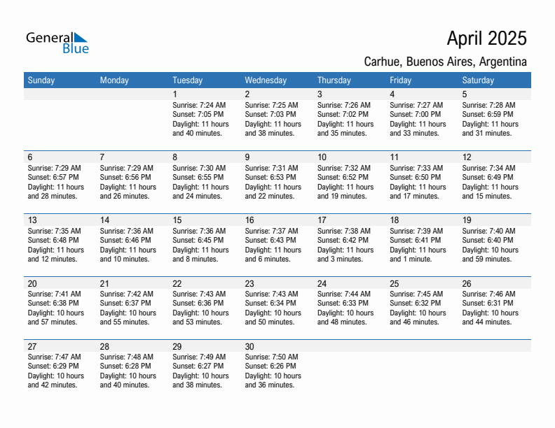 Carhue April 2025 sunrise and sunset calendar in PDF, Excel, and Word