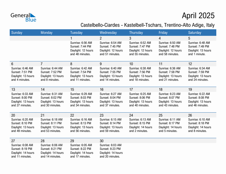 Castelbello-Ciardes - Kastelbell-Tschars April 2025 sunrise and sunset calendar in PDF, Excel, and Word