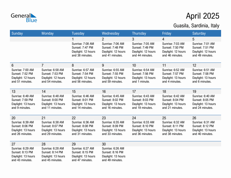 Guasila April 2025 sunrise and sunset calendar in PDF, Excel, and Word