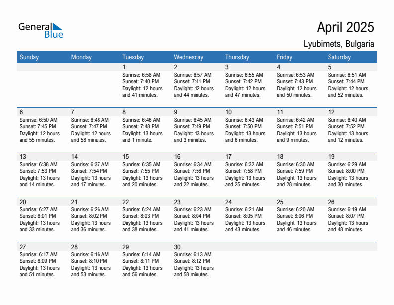 Lyubimets April 2025 sunrise and sunset calendar in PDF, Excel, and Word