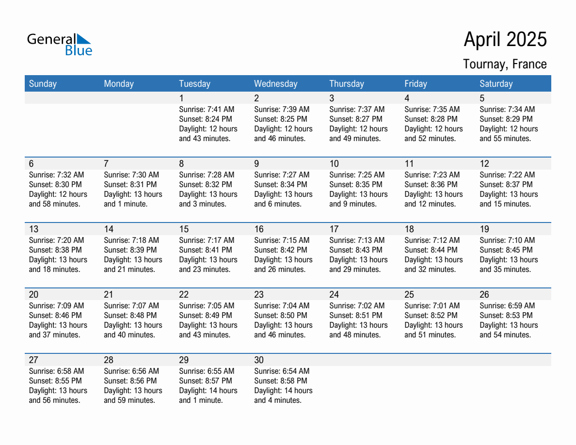 April 2025 sunrise and sunset calendar for Tournay