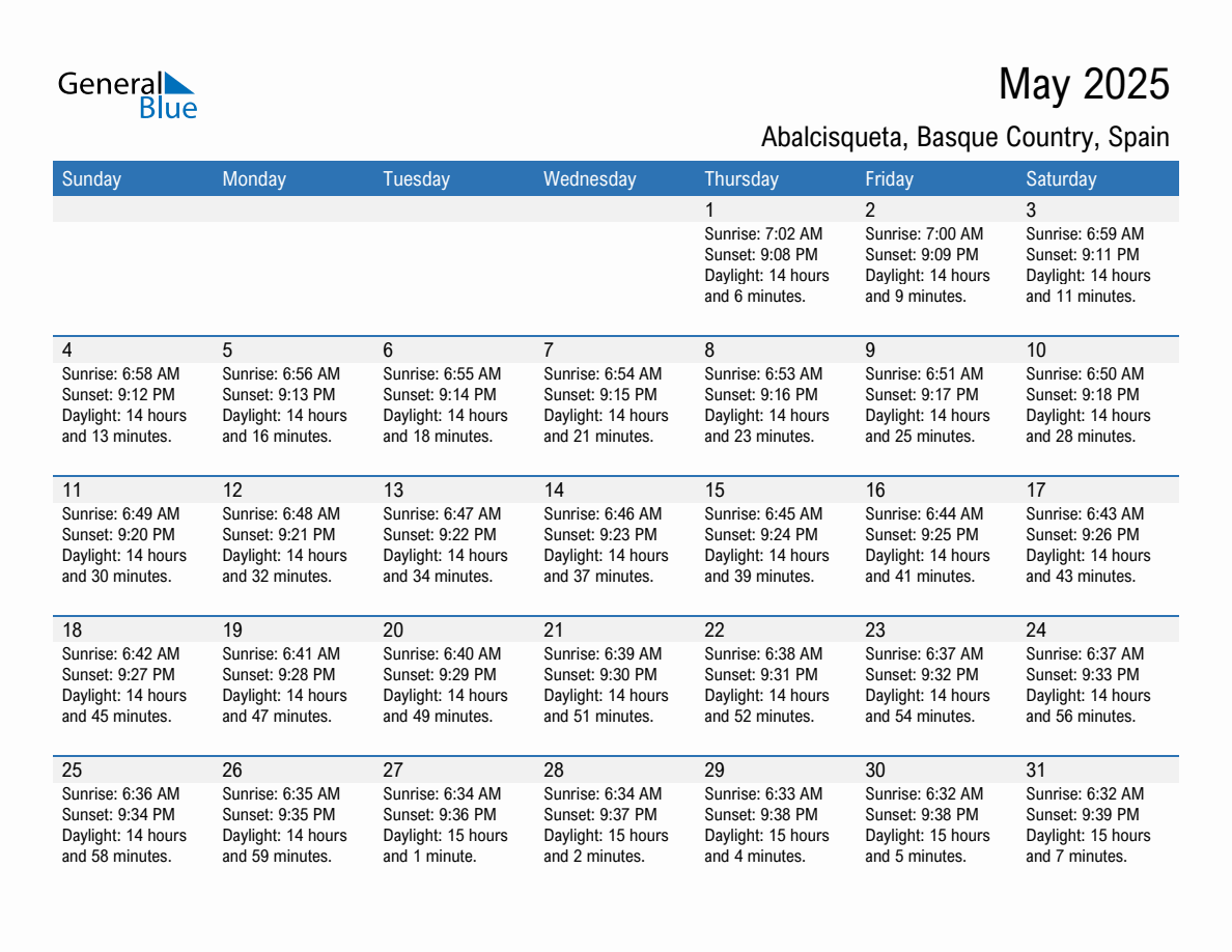 May 2025 sunrise and sunset calendar for Abalcisqueta