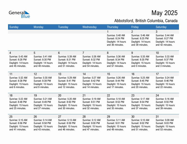 Abbotsford May 2025 sunrise and sunset calendar in PDF, Excel, and Word