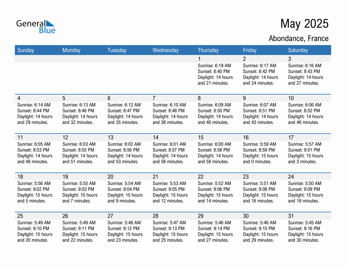 May 2025 sunrise and sunset calendar for Abondance