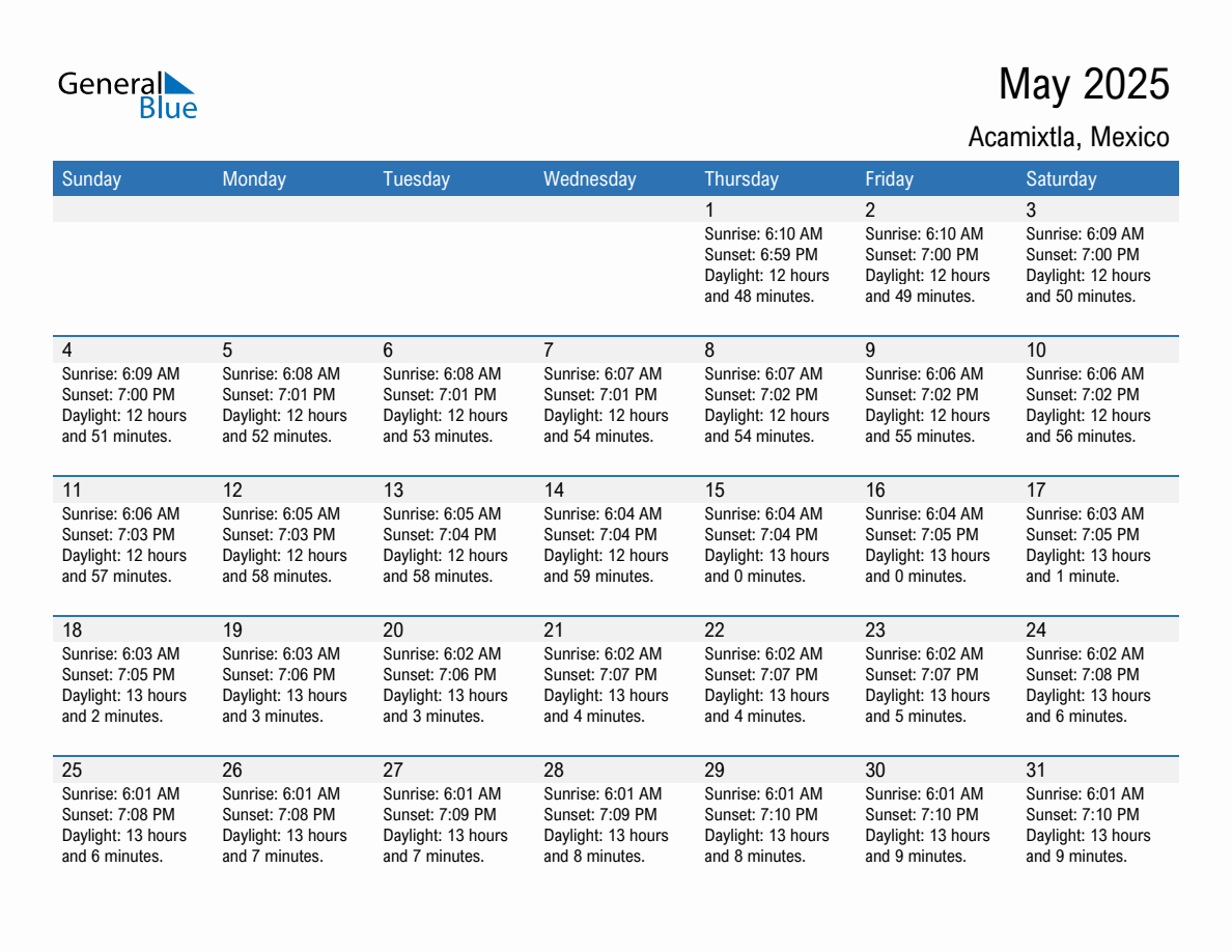 May 2025 sunrise and sunset calendar for Acamixtla