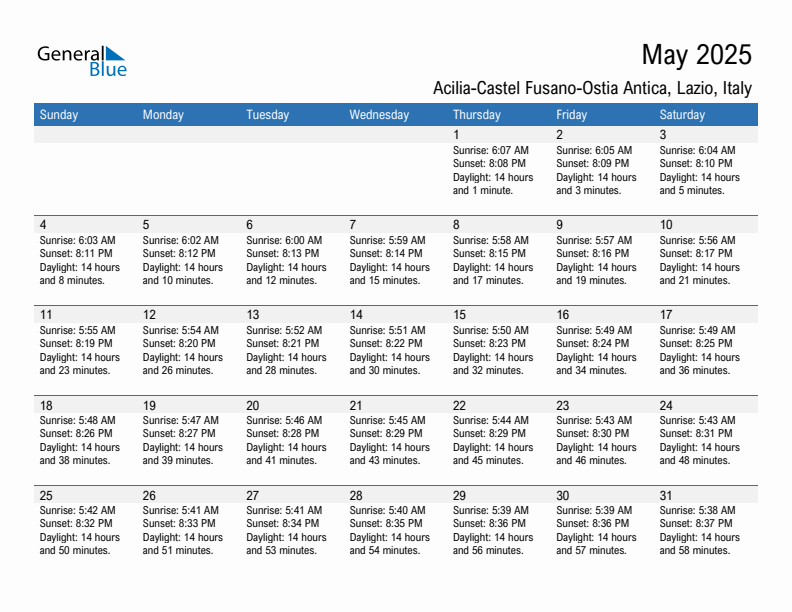 Acilia-Castel Fusano-Ostia Antica May 2025 sunrise and sunset calendar in PDF, Excel, and Word