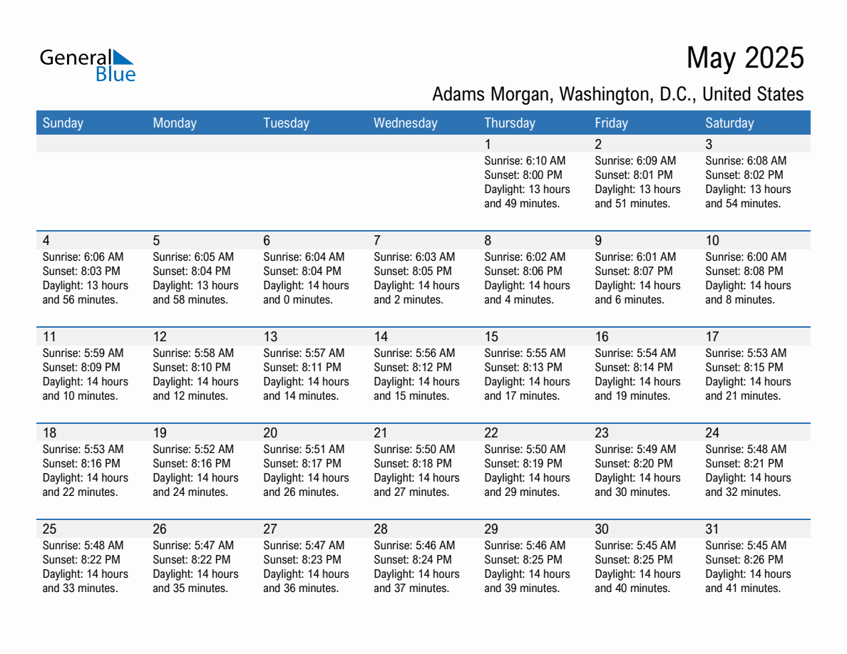 May 2025 sunrise and sunset calendar for Adams Morgan