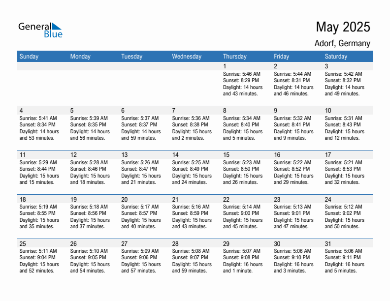 Adorf May 2025 sunrise and sunset calendar in PDF, Excel, and Word