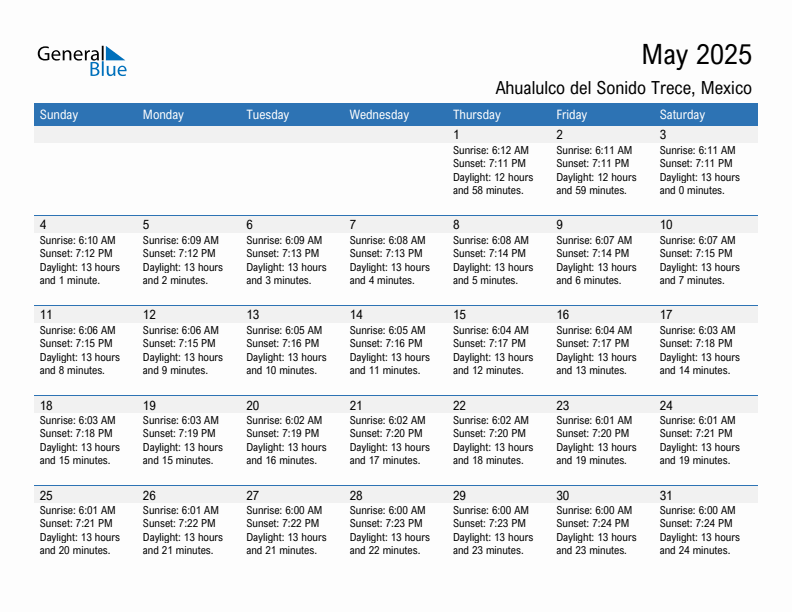 Ahualulco del Sonido Trece May 2025 sunrise and sunset calendar in PDF, Excel, and Word