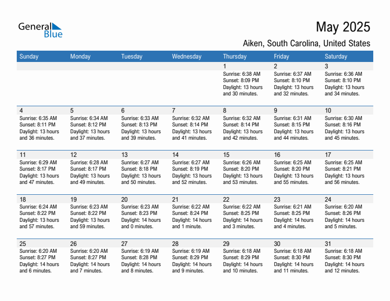 Aiken May 2025 sunrise and sunset calendar in PDF, Excel, and Word