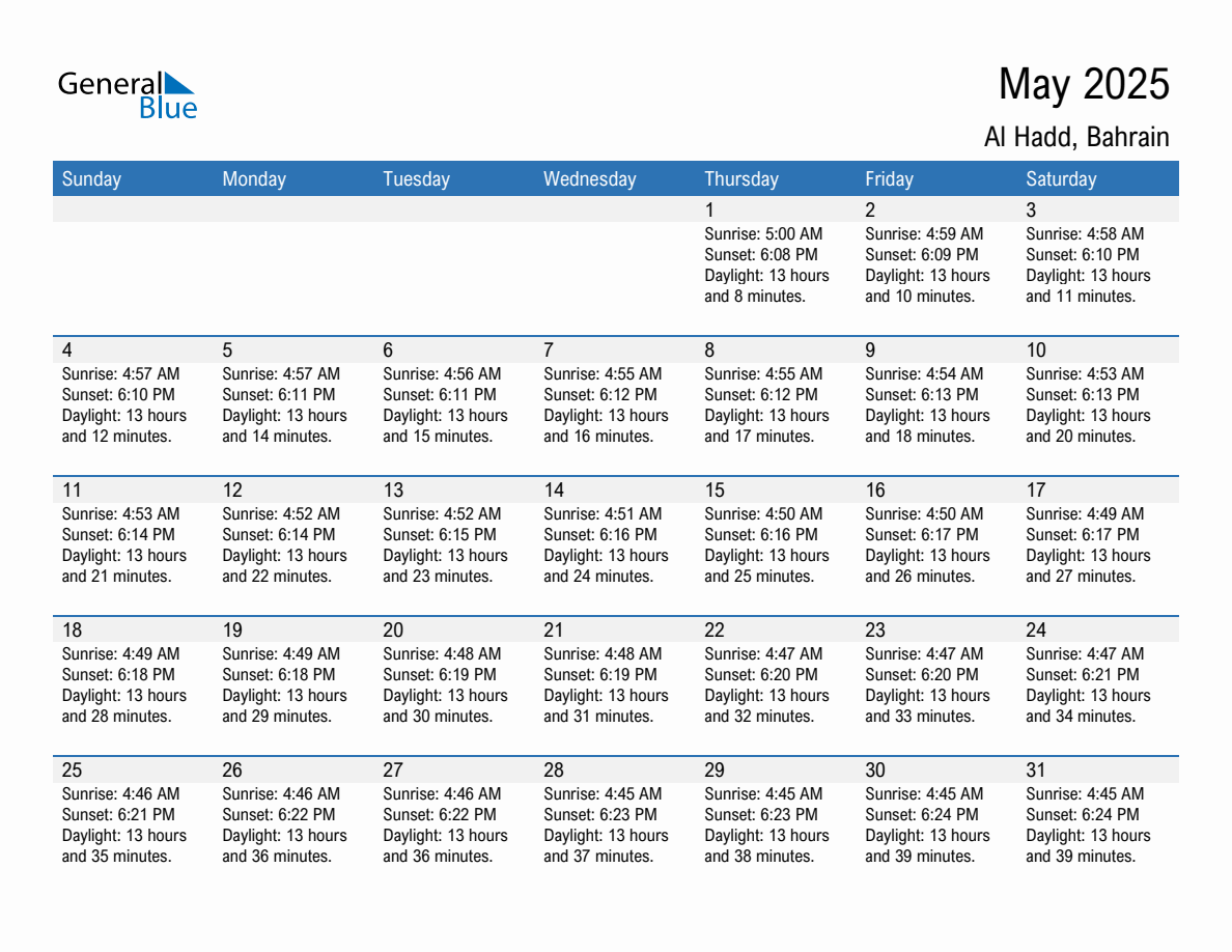 May 2025 sunrise and sunset calendar for Al Hadd