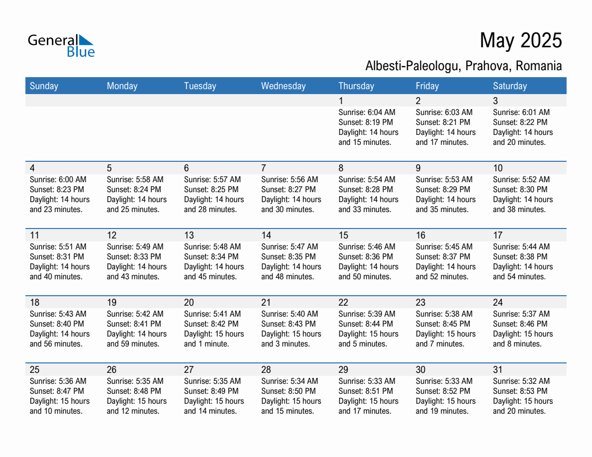 May 2025 sunrise and sunset calendar for Albesti-Paleologu