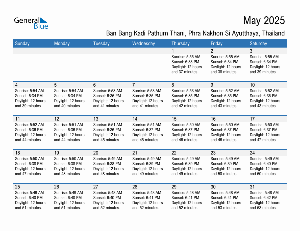 May 2025 sunrise and sunset calendar for Ban Bang Kadi Pathum Thani