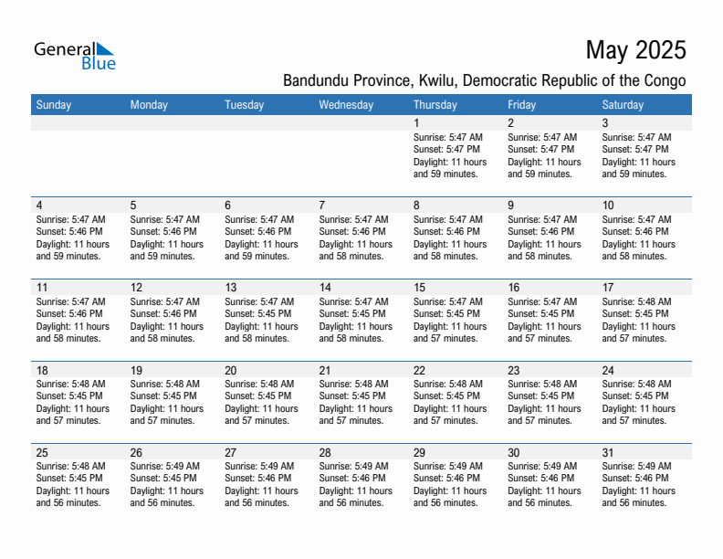 Bandundu Province May 2025 sunrise and sunset calendar in PDF, Excel, and Word