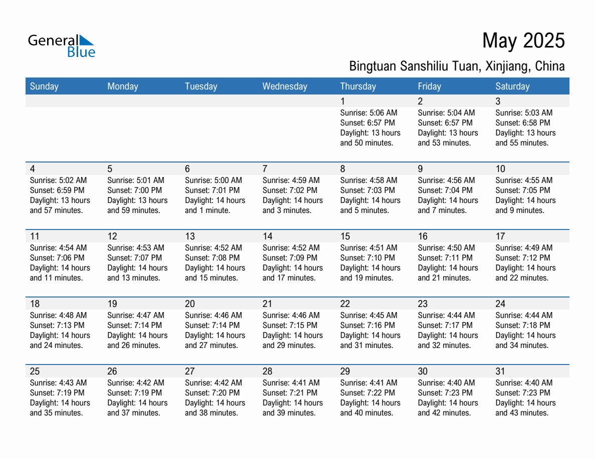 May 2025 sunrise and sunset calendar for Bingtuan Sanshiliu Tuan