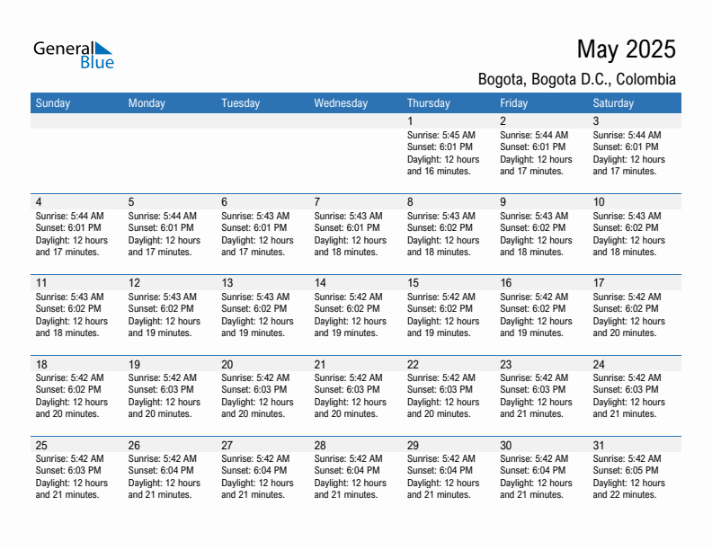 Bogota May 2025 sunrise and sunset calendar in PDF, Excel, and Word