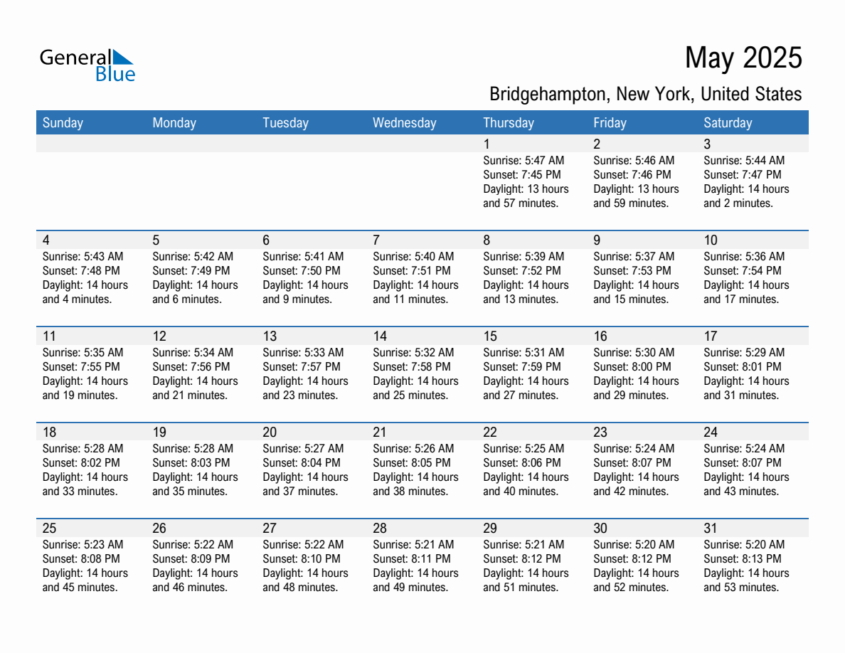 May 2025 sunrise and sunset calendar for Bridgehampton