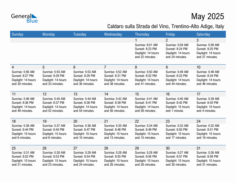 Caldaro sulla Strada del Vino May 2025 sunrise and sunset calendar in PDF, Excel, and Word