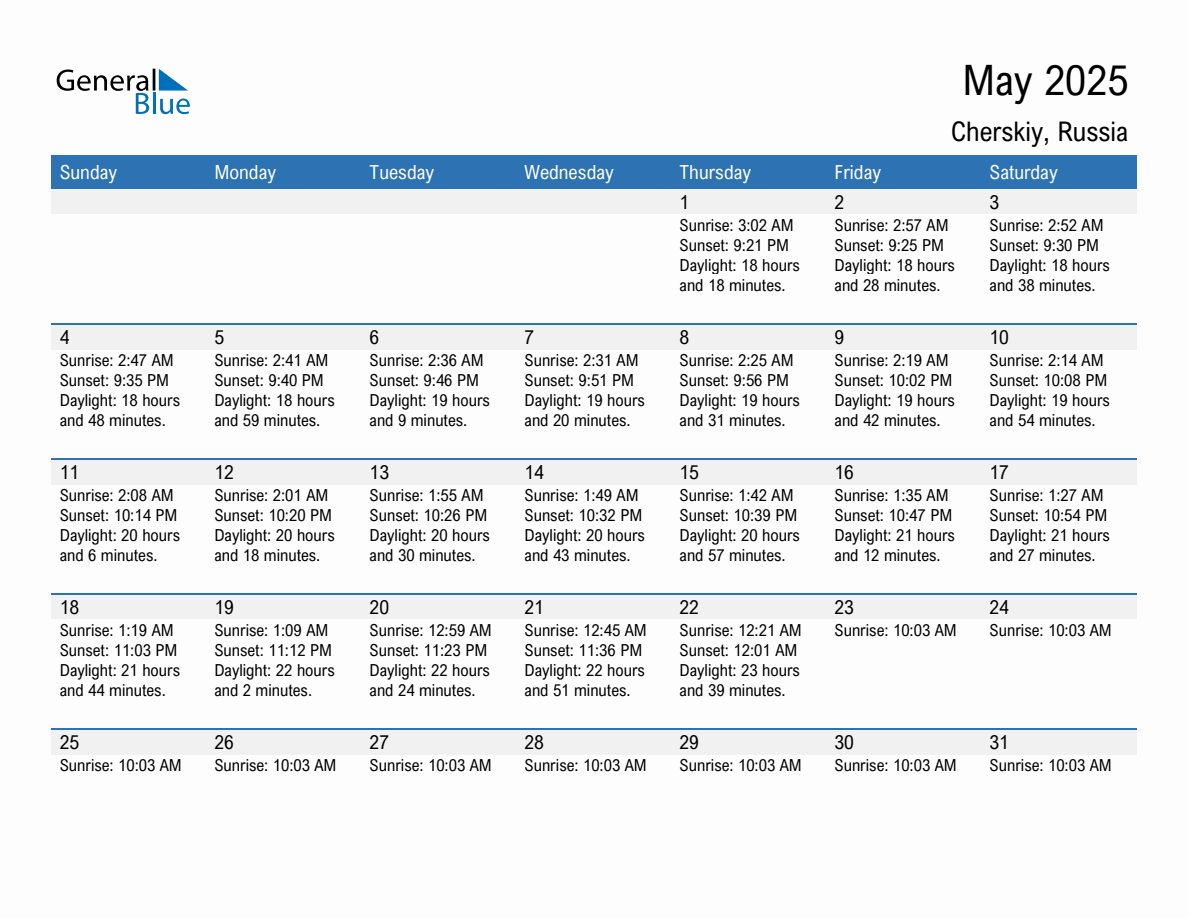 May 2025 sunrise and sunset calendar for Cherskiy