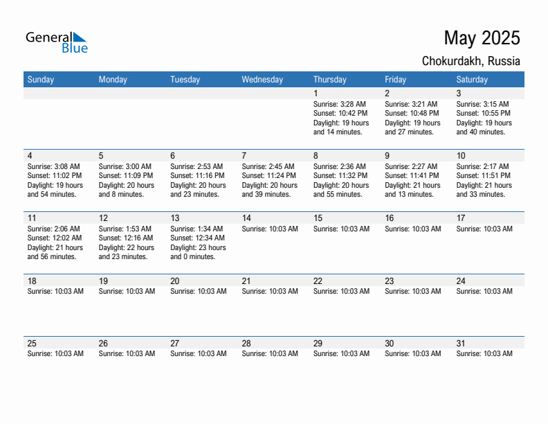 Chokurdakh May 2025 sunrise and sunset calendar in PDF, Excel, and Word