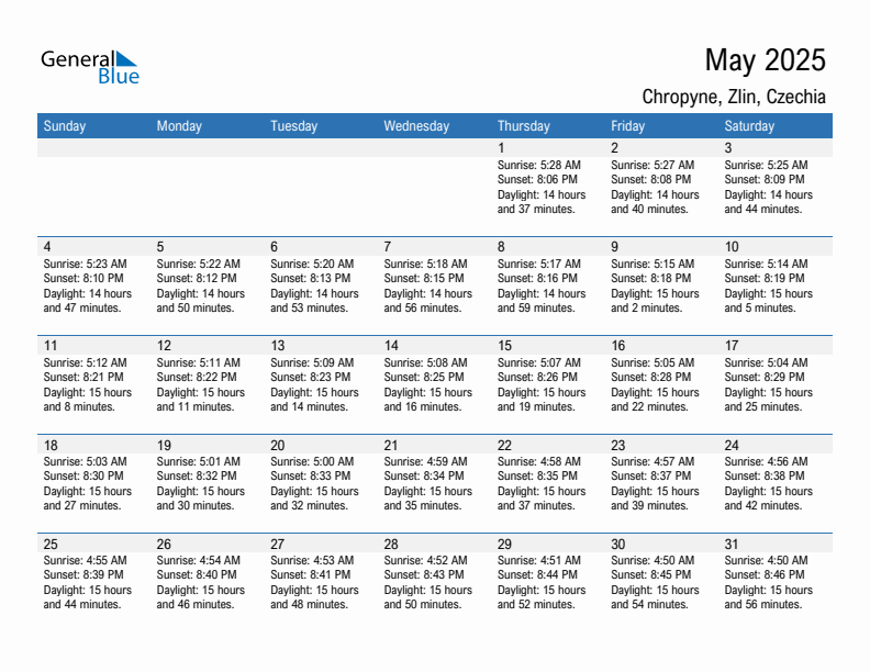 Chropyne May 2025 sunrise and sunset calendar in PDF, Excel, and Word
