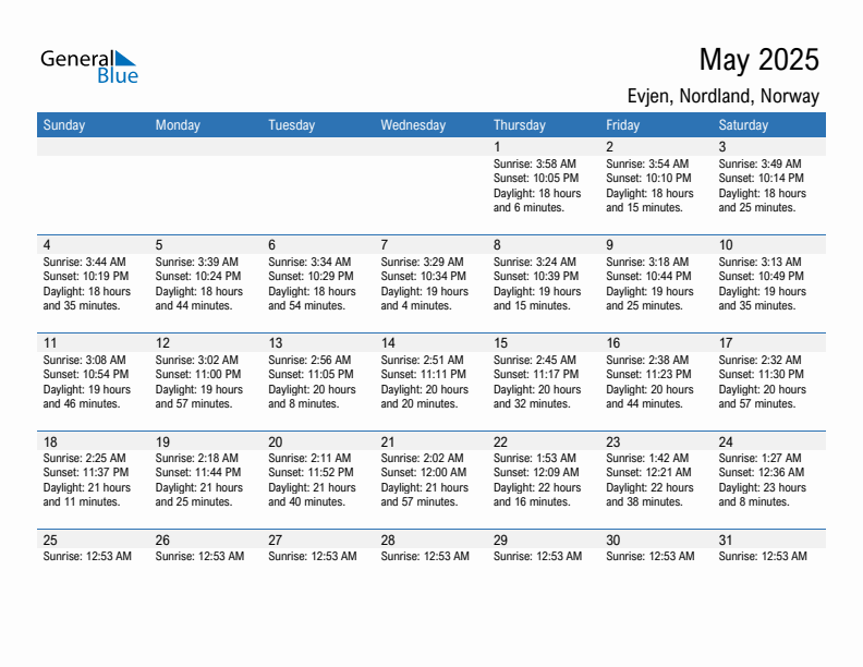 Evjen May 2025 sunrise and sunset calendar in PDF, Excel, and Word