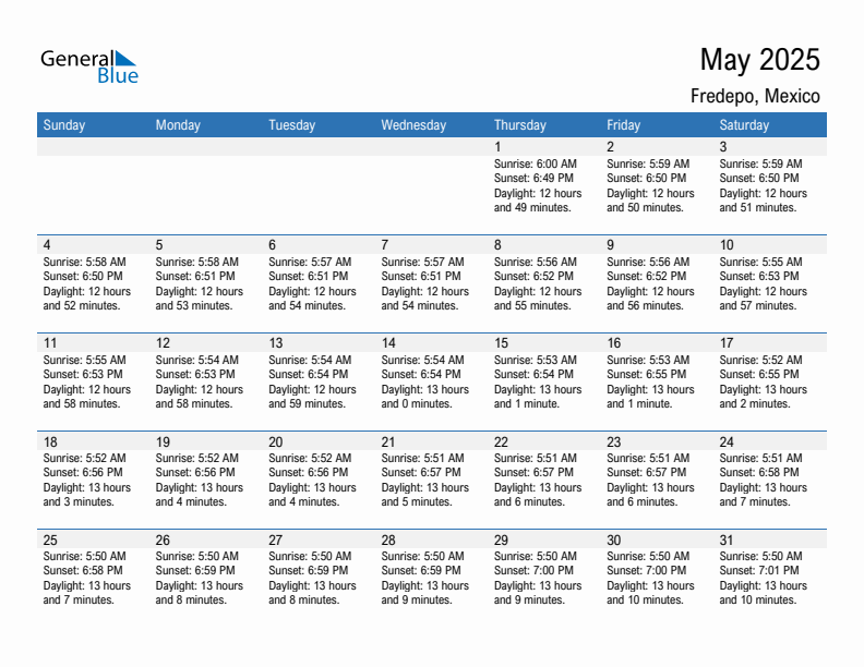 Fredepo May 2025 sunrise and sunset calendar in PDF, Excel, and Word