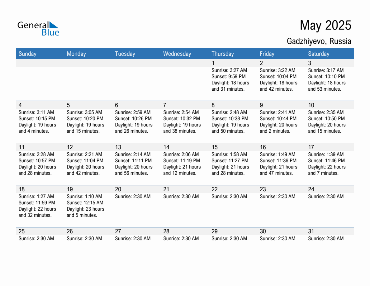 May 2025 sunrise and sunset calendar for Gadzhiyevo