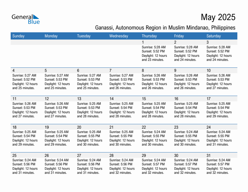 Ganassi May 2025 sunrise and sunset calendar in PDF, Excel, and Word