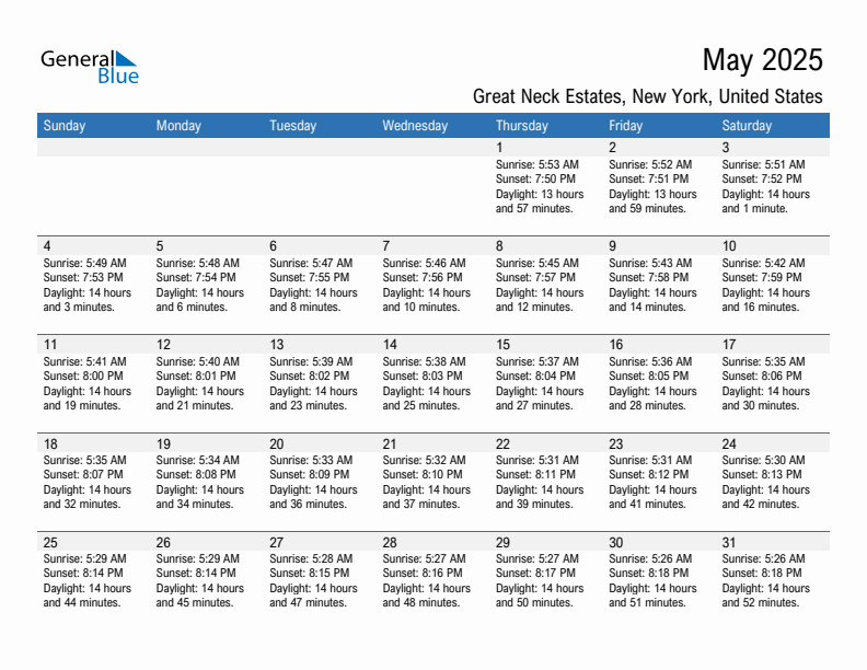 Great Neck Estates May 2025 sunrise and sunset calendar in PDF, Excel, and Word