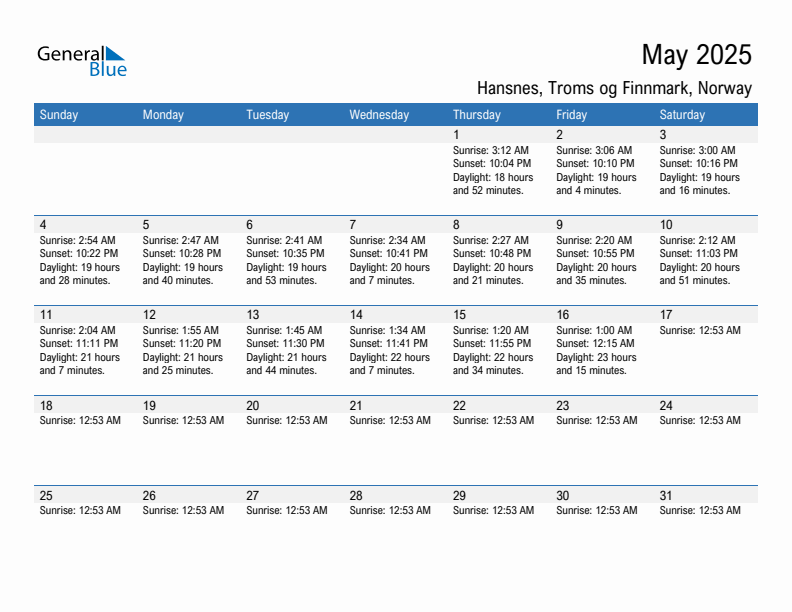 Hansnes May 2025 sunrise and sunset calendar in PDF, Excel, and Word