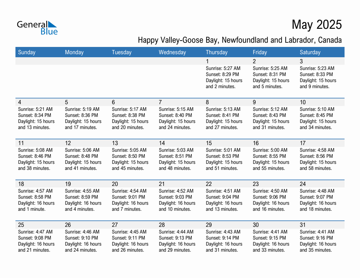 May 2025 sunrise and sunset calendar for Happy Valley-Goose Bay