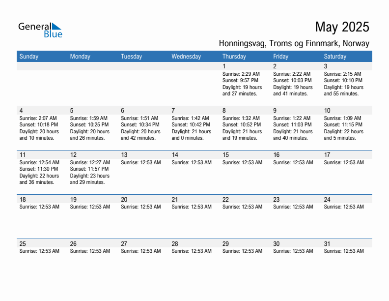 Honningsvag May 2025 sunrise and sunset calendar in PDF, Excel, and Word