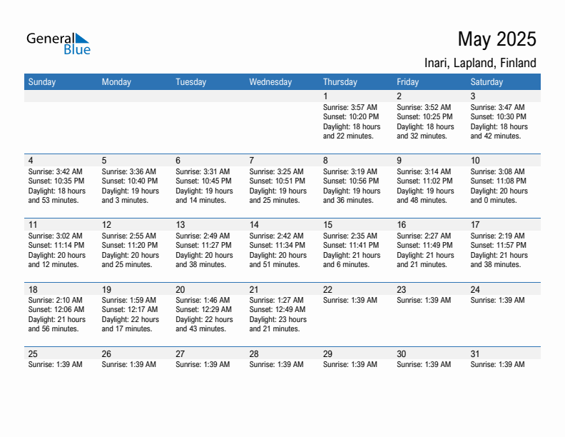 Inari May 2025 sunrise and sunset calendar in PDF, Excel, and Word