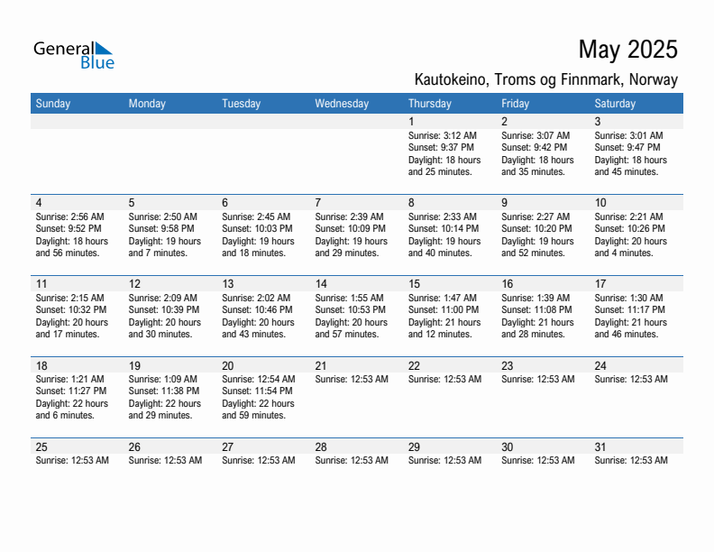 Kautokeino May 2025 sunrise and sunset calendar in PDF, Excel, and Word