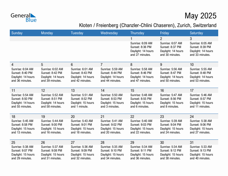 Kloten / Freienberg (Chanzler-Chlini Chaseren) May 2025 sunrise and sunset calendar in PDF, Excel, and Word