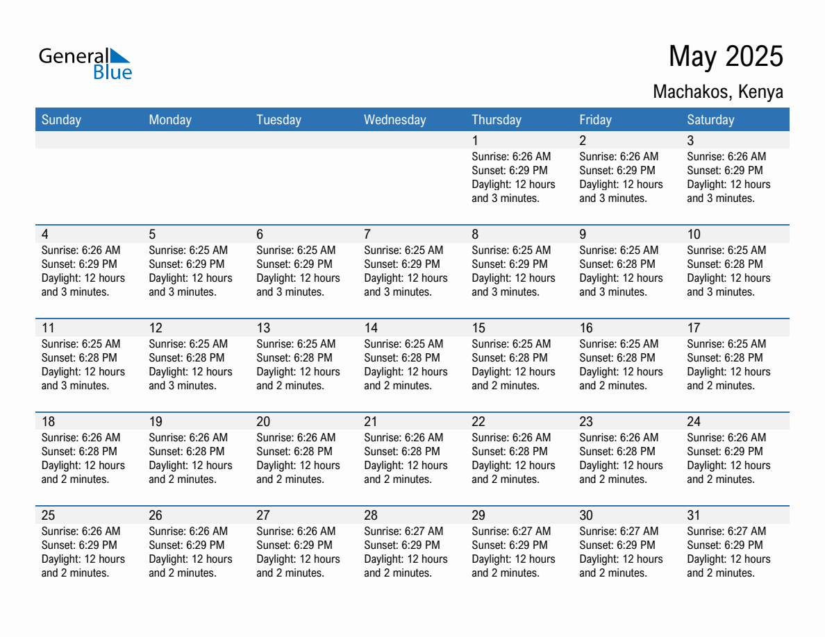 May 2025 sunrise and sunset calendar for Machakos