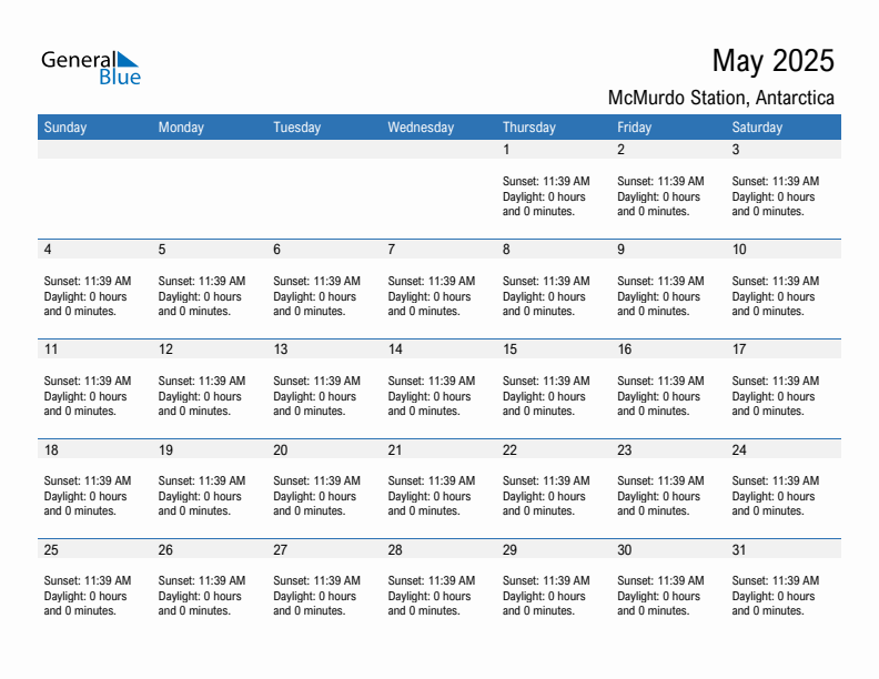 McMurdo Station May 2025 sunrise and sunset calendar in PDF, Excel, and Word