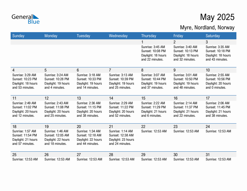 Myre May 2025 sunrise and sunset calendar in PDF, Excel, and Word