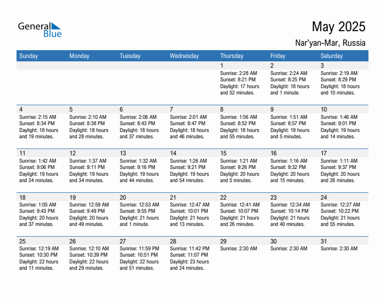 Nar'yan-Mar May 2025 sunrise and sunset calendar in PDF, Excel, and Word